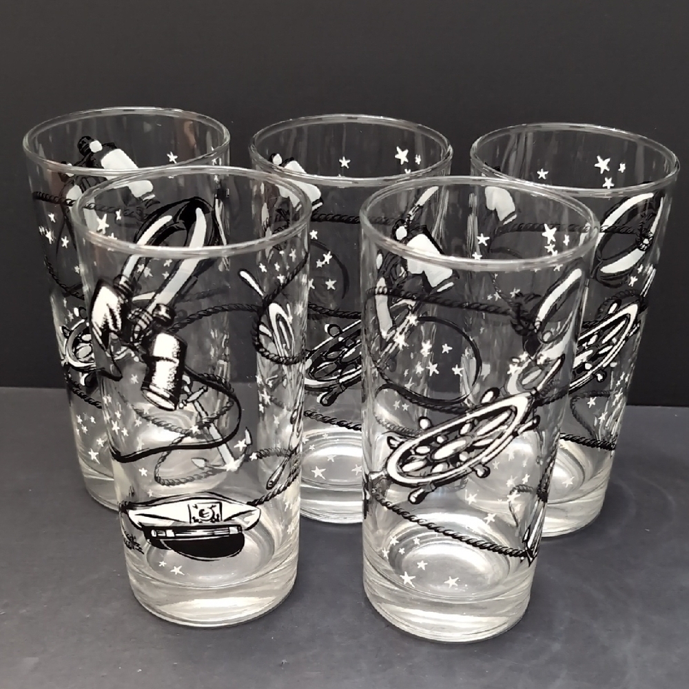 Vintage Set Of 5 Libby High Ball Glasses With Nautical Theme.